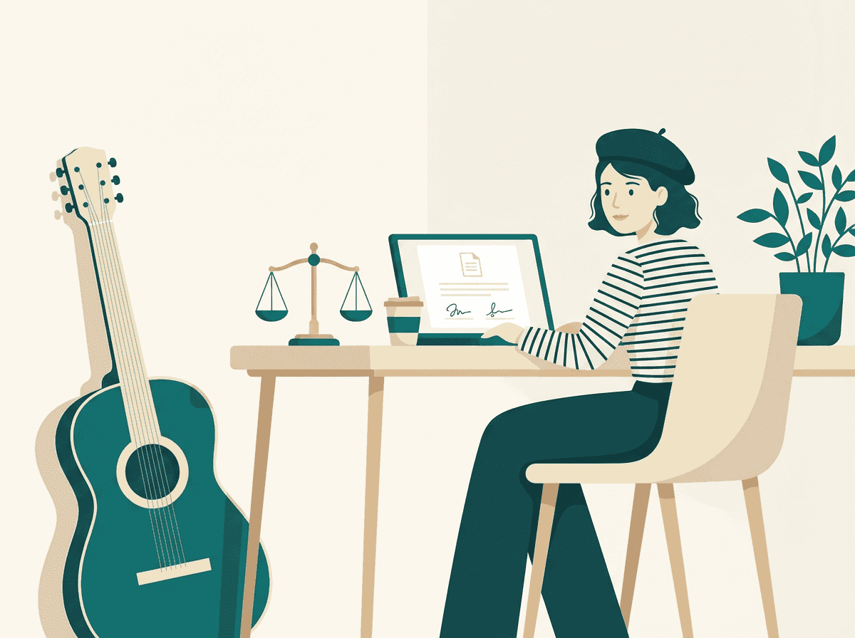 Illustration d'une professeure de musique à son bureau avec une balance de justice, symbolisant la médiation de la consommation