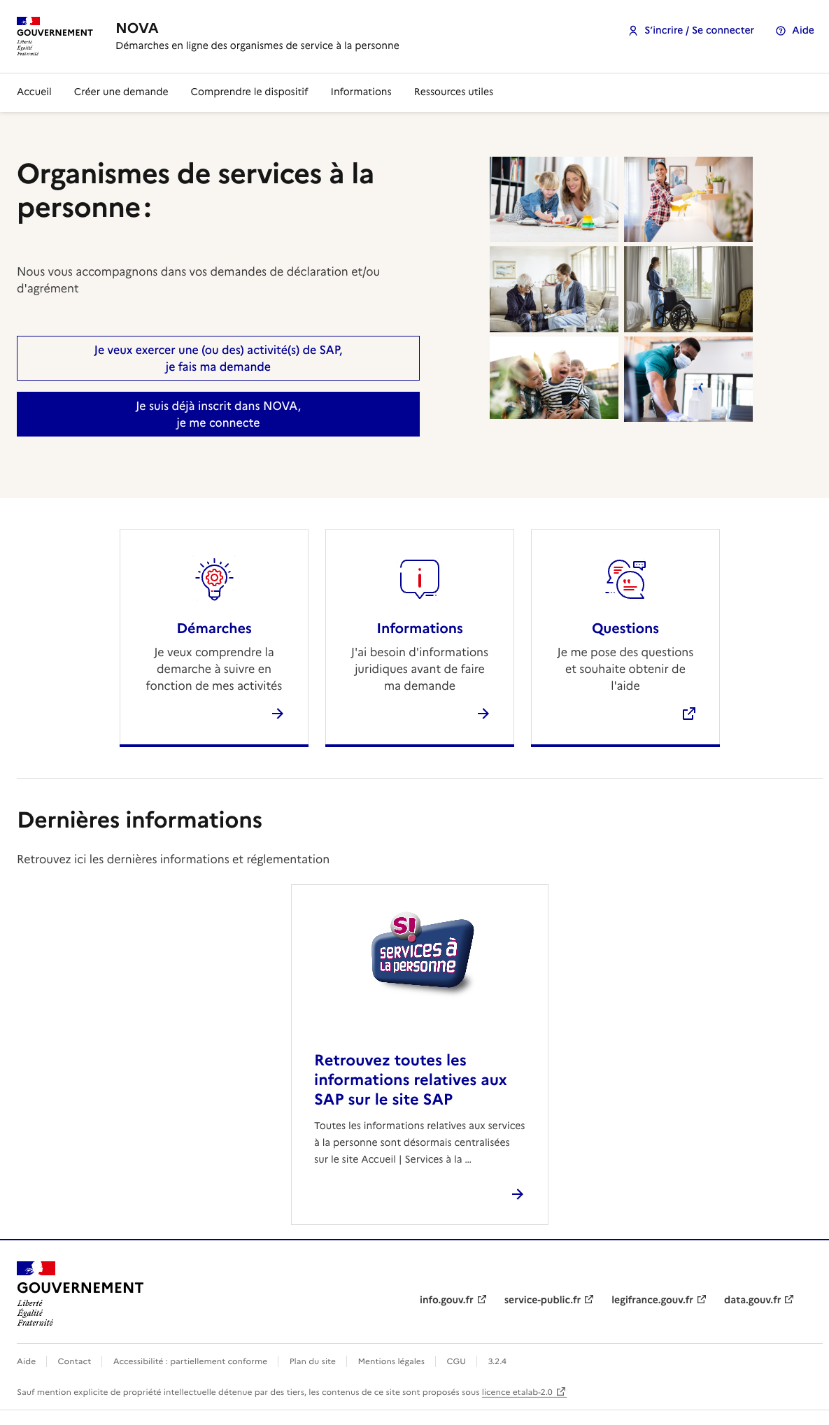 Page d'accueil de la plateforme NOVA avec les boutons « Je veux exercer une activité de SAP » et « Je suis déjà inscrit »