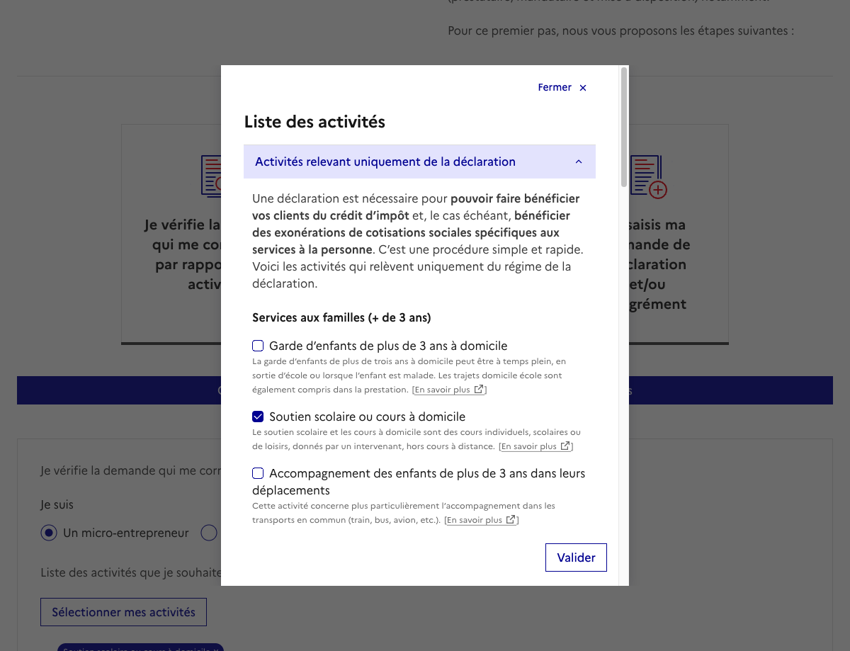 Liste des activités SAP sur NOVA avec la case « Soutien scolaire ou cours à domicile » cochée