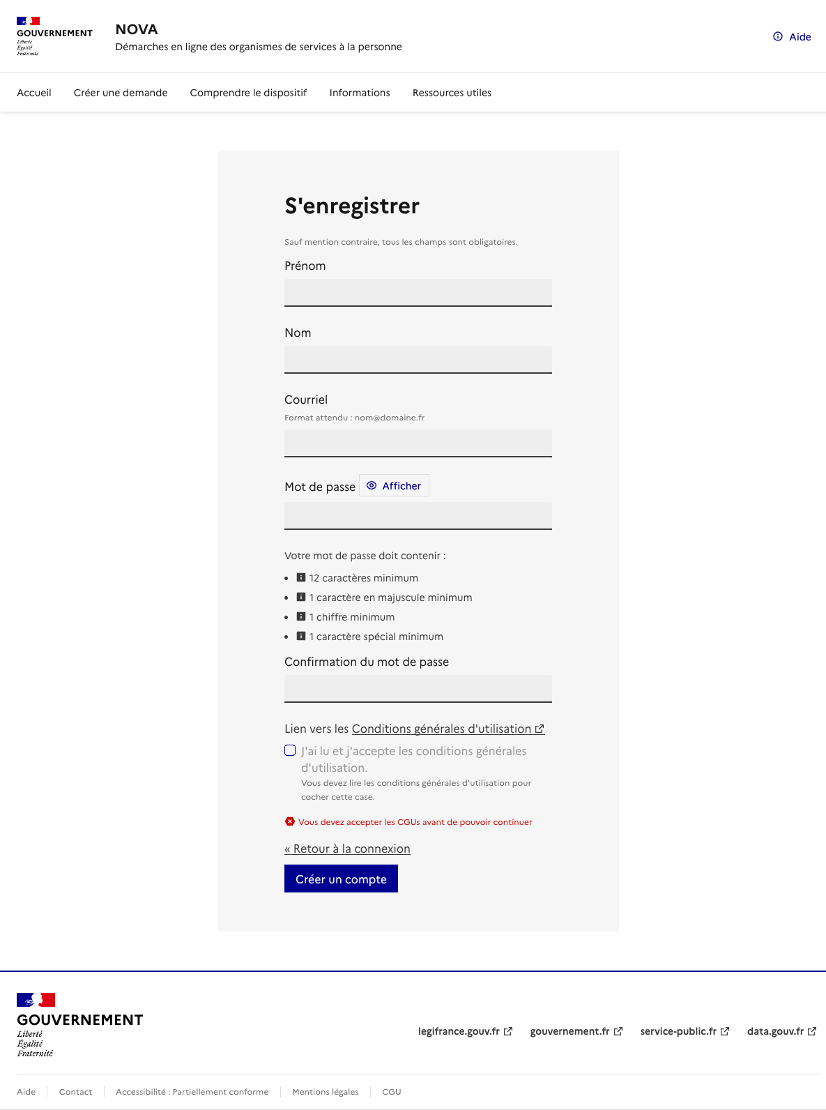 Formulaire de création de compte NOVA avec les champs Prénom, Nom, Courriel, Mot de passe et CGU