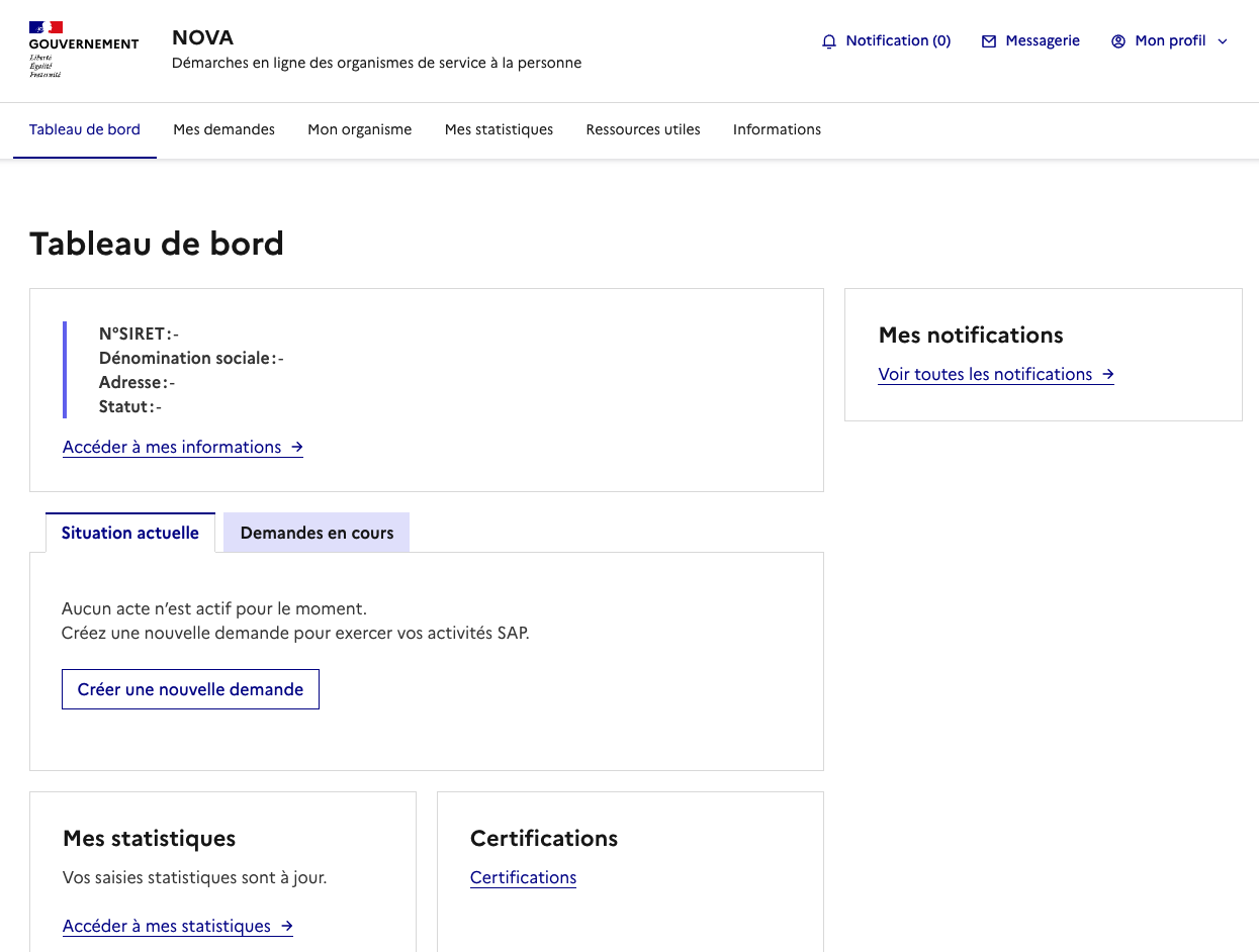 Tableau de bord NOVA avec le bouton « Créer une nouvelle demande » pour exercer vos activités SAP