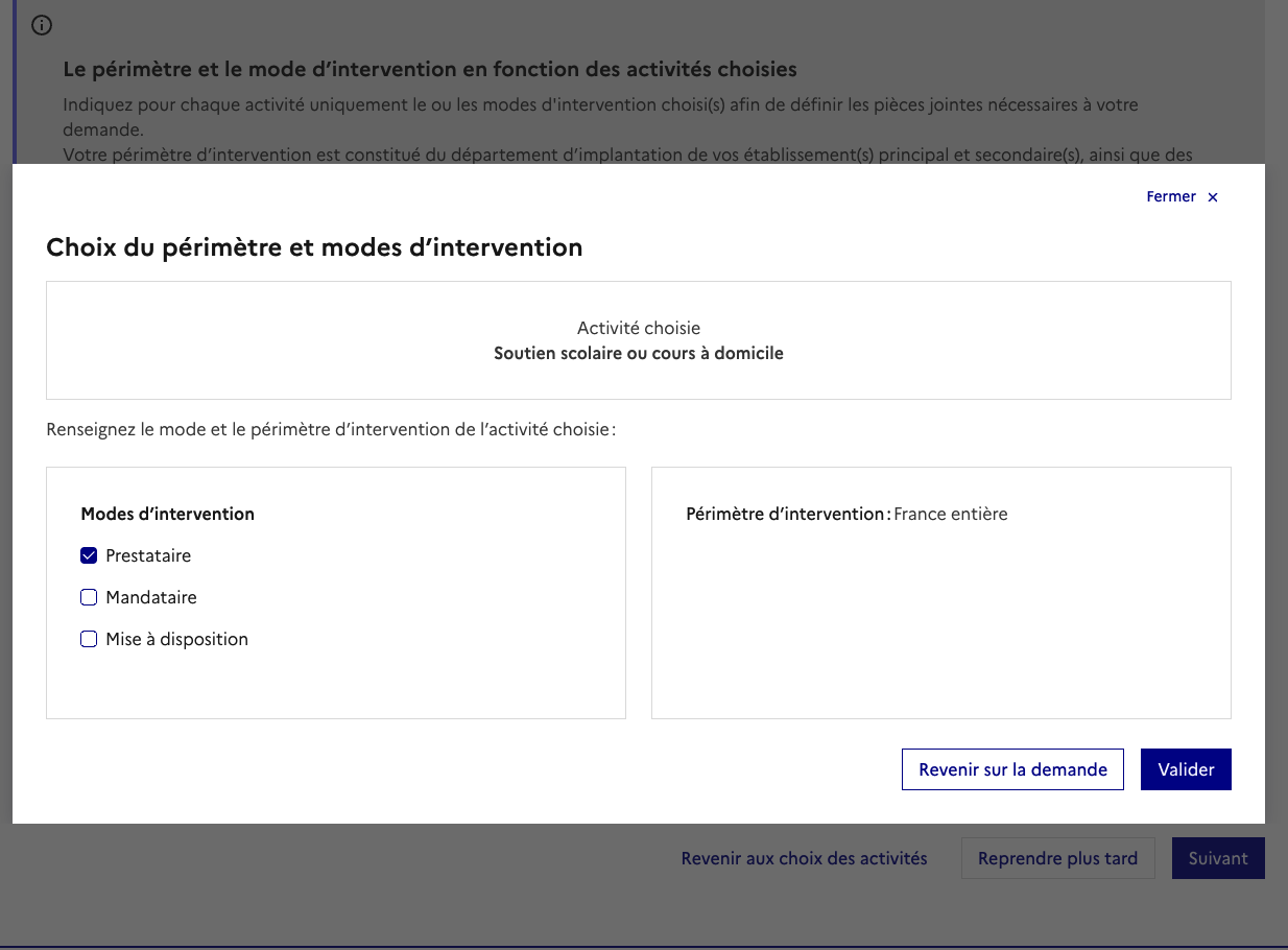 Modale NOVA « Choix du périmètre et modes d'intervention » avec « Prestataire » coché et périmètre France entière